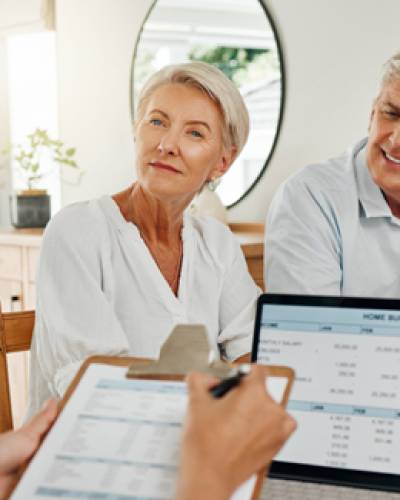 Retirement, couple and accountant with finance documents for budget review and payment planning. Financial advisor in professional consultation for senior pension people with investment idea